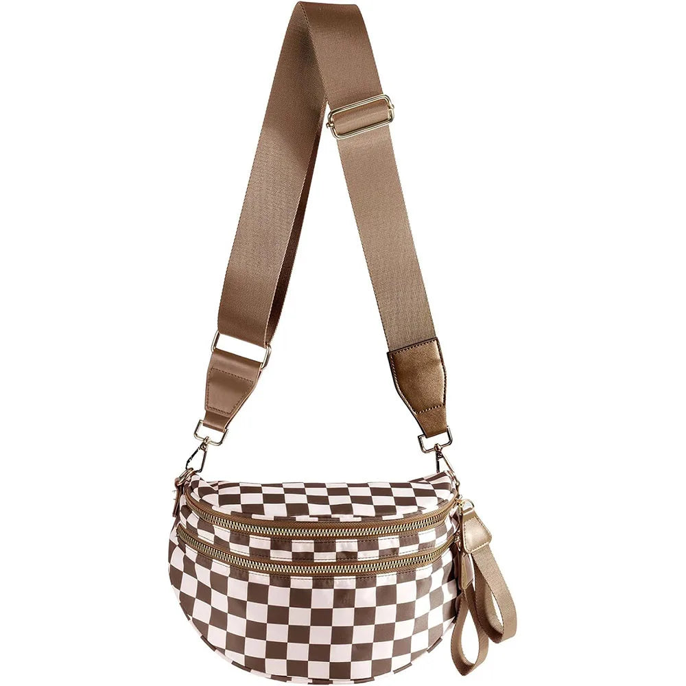 A brown checkered crossbody sling bag with an adjustable strap.