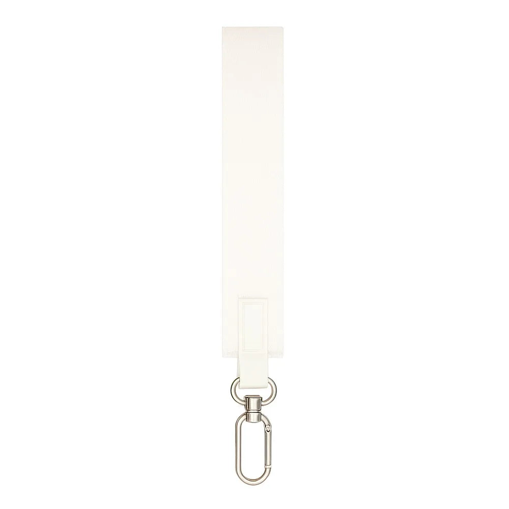 A white rectangular nylon wrist strap keychain.