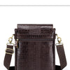 Braune, echte Leder-Vintage-Krokodilmuster-Schultertasche, gezeigt von Seite, hinten und unten.