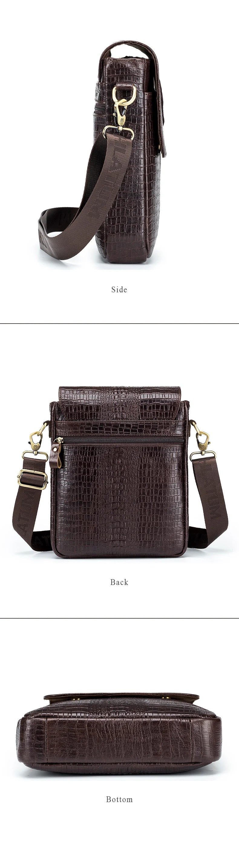Braune, echte Leder-Vintage-Krokodilmuster-Schultertasche, gezeigt von Seite, hinten und unten.