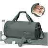 A gray waterproof travel duffel bag with a shoe compartment and various weights shown on a surface.