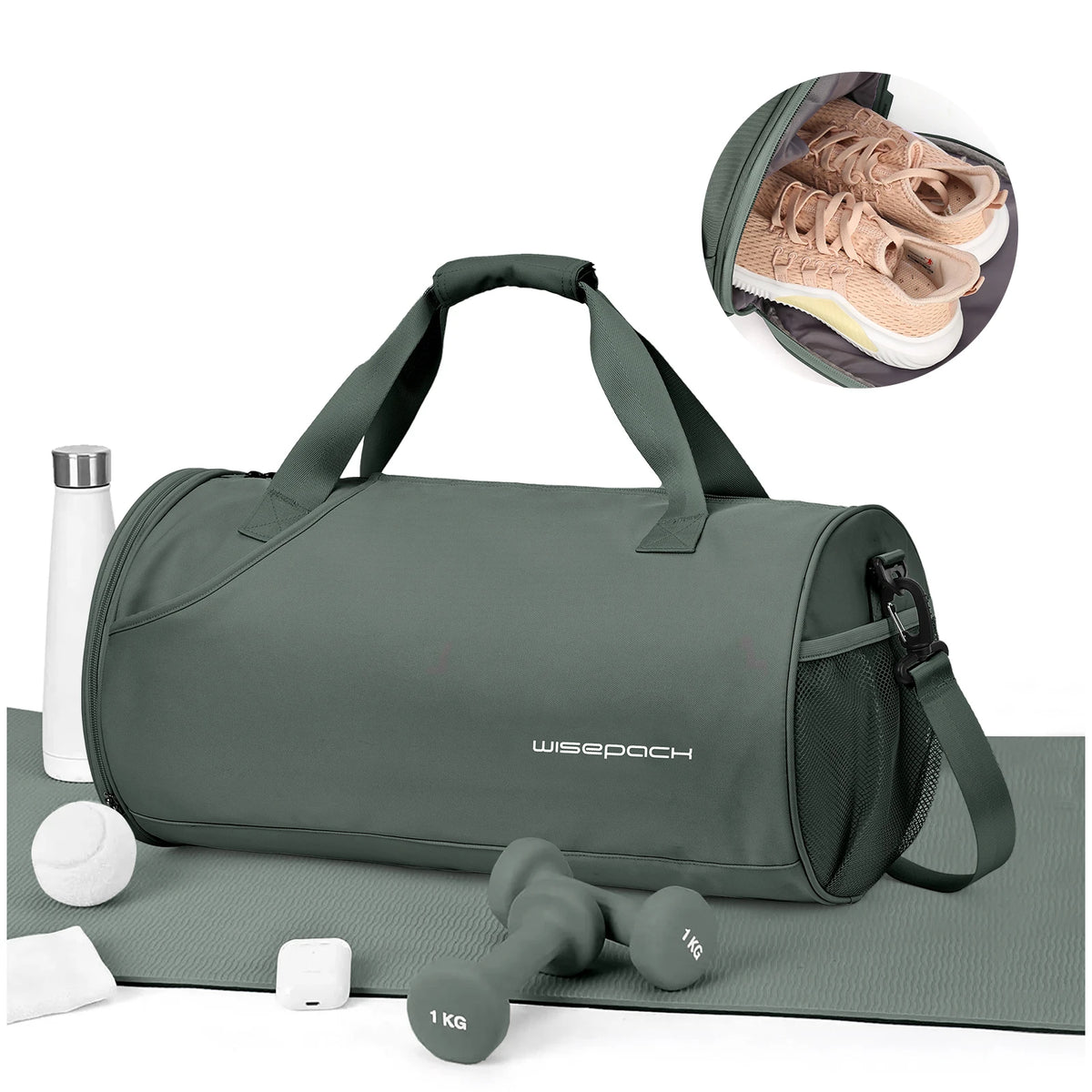 A gray waterproof travel duffel bag with a shoe compartment and various weights shown on a surface.
