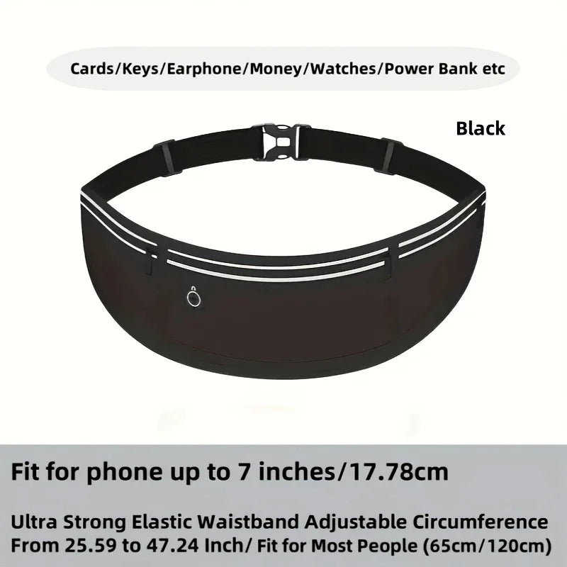 Black elastic waist pack designed to hold cards, keys, earphones, money, watches, and power bank.