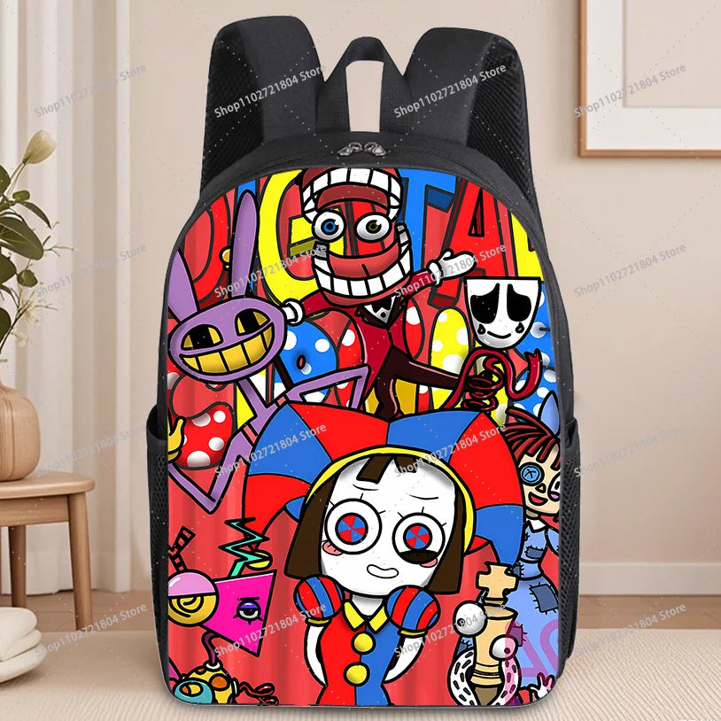 A black backpack featuring an anime-style print with colorful characters and designs.