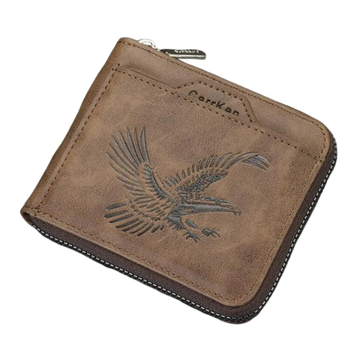 Cartera de cuero marrón grabada con un diseño de águila vintage.