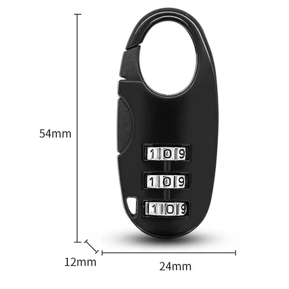 Black resettable 3-digit combination padlock with a keyhole and measurement lines.