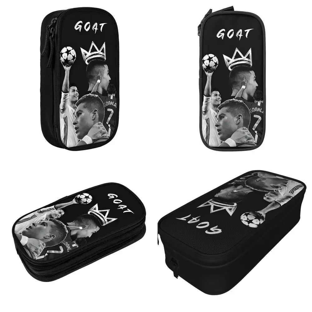 Black pencil case featuring a GOAT theme with soccer ball and crown designs.