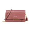A pink leather multi-card shoulder wallet with gold hardware shown against a white background.