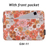 A floral patterned laptop sleeve with a front pocket for a smartphone.