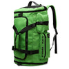 A bright green tactical backpack with multiple compartments and black straps.