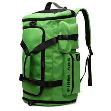 A bright green tactical backpack with multiple compartments and black straps.