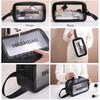A clear waterproof travel toiletry bag shown from the front and back, demonstrating its use for toiletries.