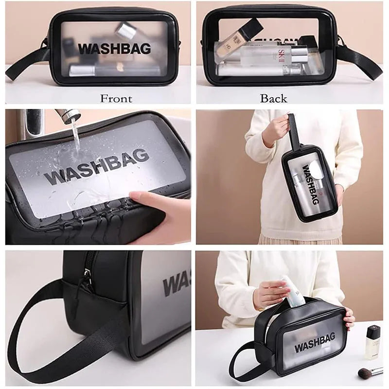 A clear waterproof travel toiletry bag shown from the front and back, demonstrating its use for toiletries.