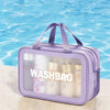 A purple plastic washbag with a clear window is shown floating on blue water.