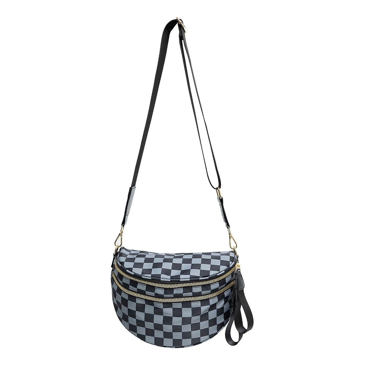 A black nylon crossbody bag with a checkered gray and black pattern.