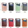 A collection of RFID blocking passport wallets in various colors including pink, black, light green, grey, wine red, red, cof