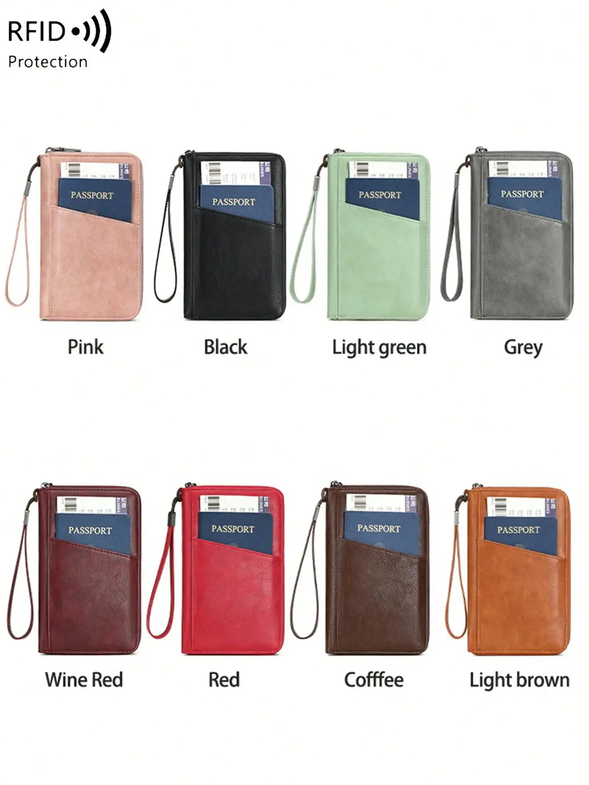 A collection of RFID blocking passport wallets in various colors including pink, black, light green, grey, wine red, red, cof