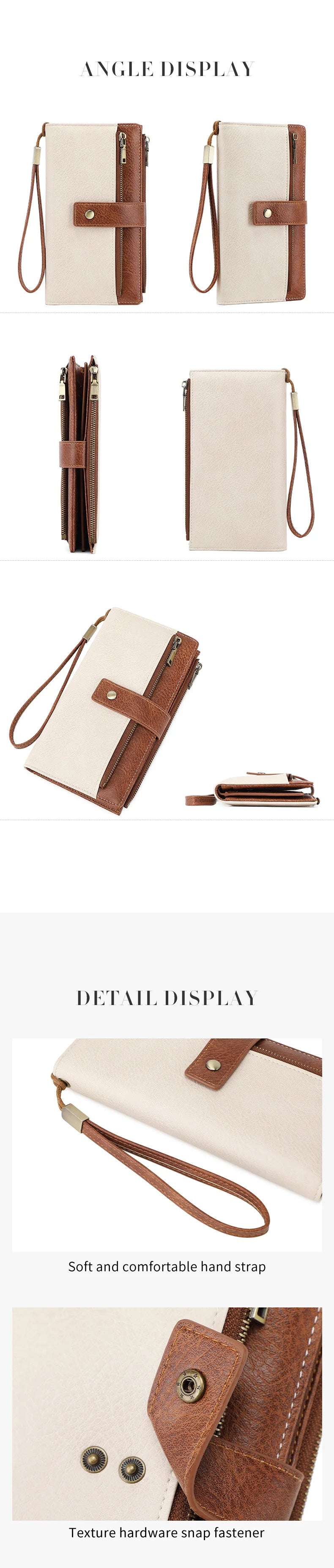 Cartera de cuero beige mostrada desde varios ángulos, destacando la correa y los detalles de herrajes.