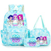 A light blue backpack set featuring characters from Hunter x/Y with purple and pink hair