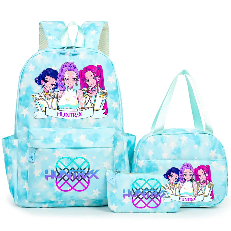 A light blue backpack set featuring characters from Hunter x/Y with purple and pink hair