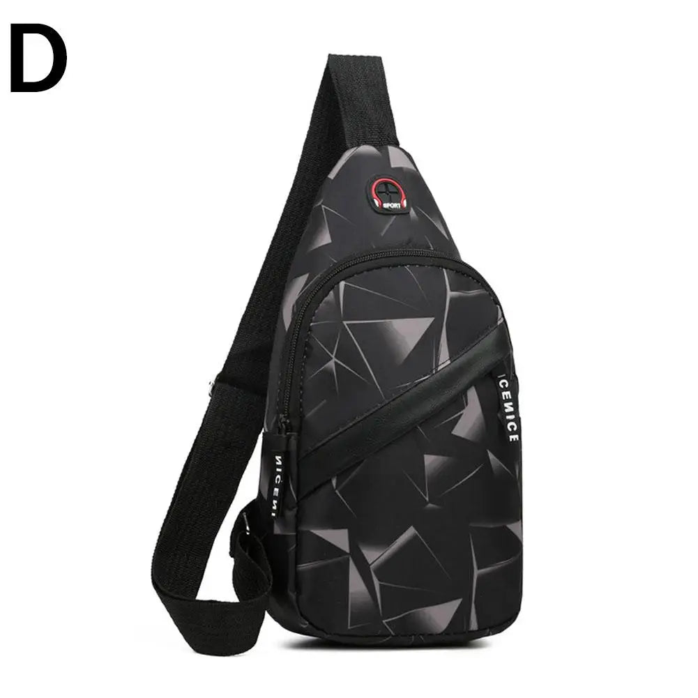 Black waterproof crossbody chest bag for men with a geometric pattern and red logo
