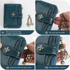 Four steps showing how to pick up, install the zipper, and complete the installation of a women's PU leather compact wallet w