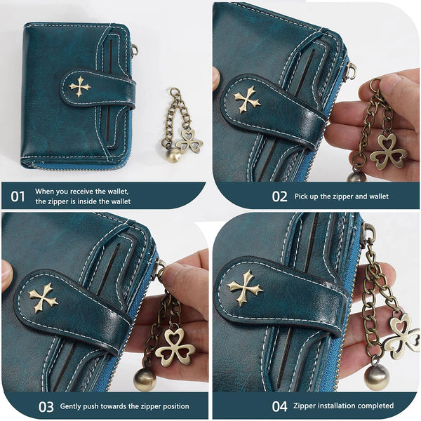 Four steps showing how to pick up, install the zipper, and complete the installation of a women's PU leather compact wallet w