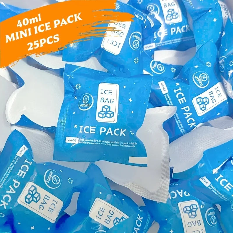 A close-up of a package containing 25 mini ice packs for coolers and lunch bags.