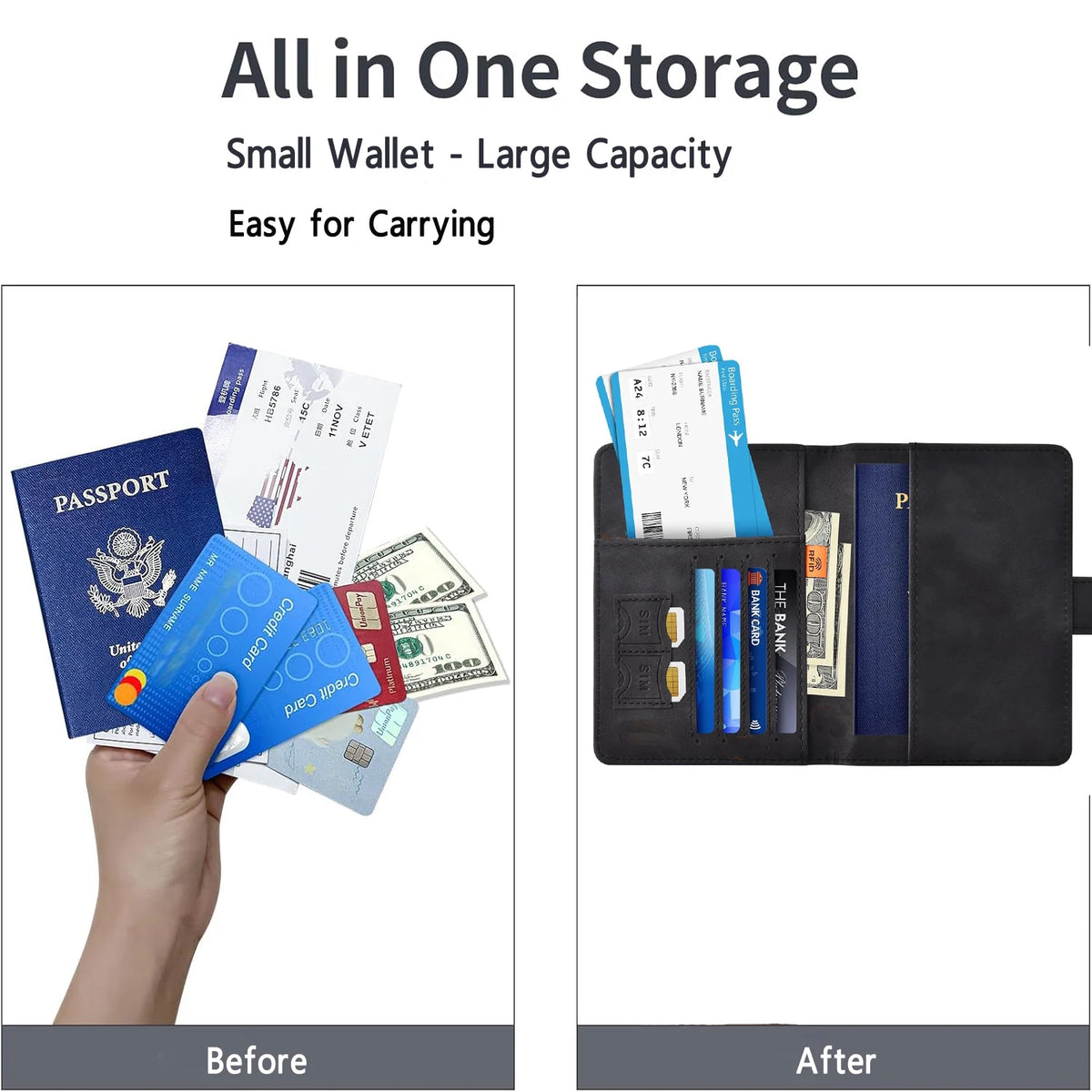 Comparación antes y después de una pequeña solución de almacenamiento para pasaportes y tarjetas
