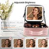 Pink LED lighted makeup train case with adjustable brightness feature shown in various angles