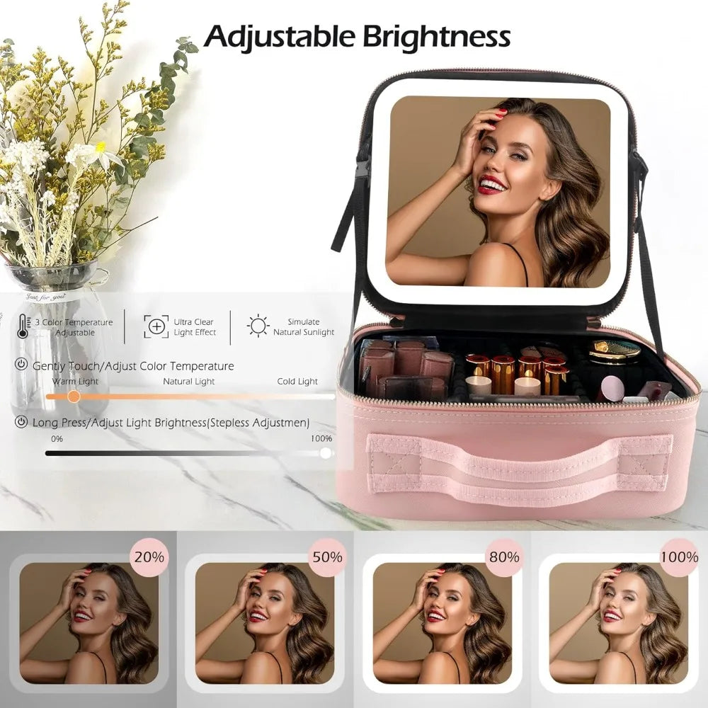 Pink LED lighted makeup train case with adjustable brightness feature shown in various angles