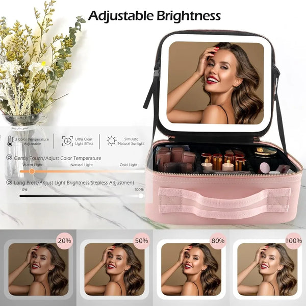 Pink LED lighted makeup train case with adjustable brightness feature shown in various angles