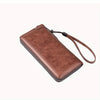 A brown PU leather zipper wallet with a leather strap is shown diagonally.