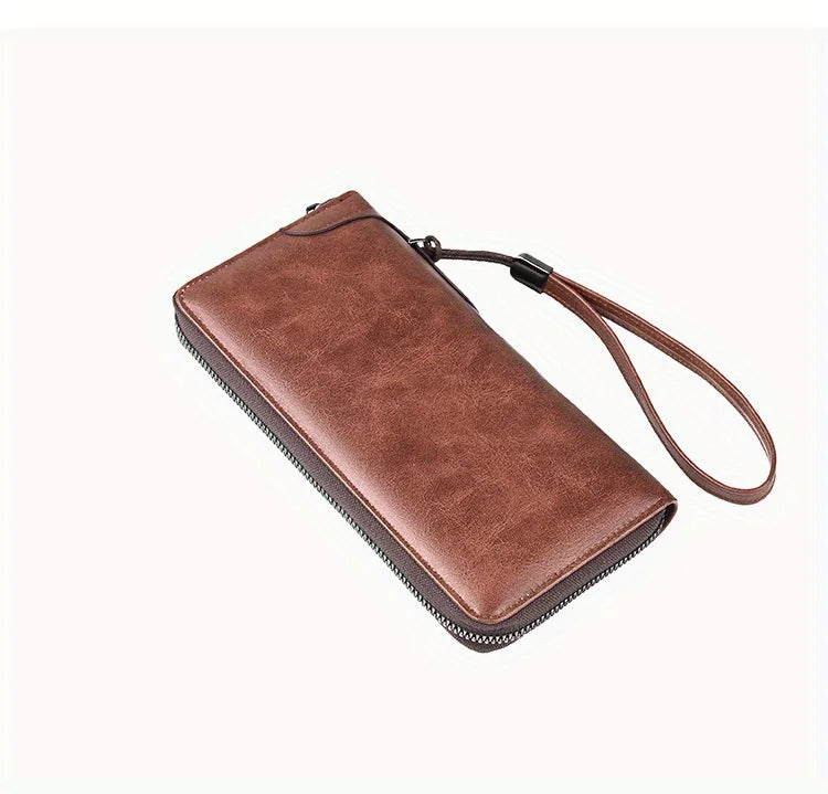 A brown PU leather zipper wallet with a leather strap is shown diagonally.