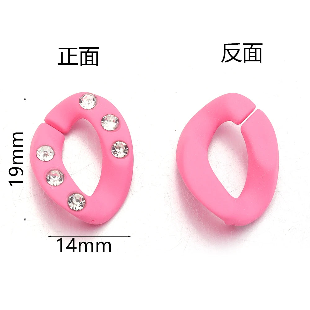 Pink acrylic link chain with small rhinestones shown from the front and back views