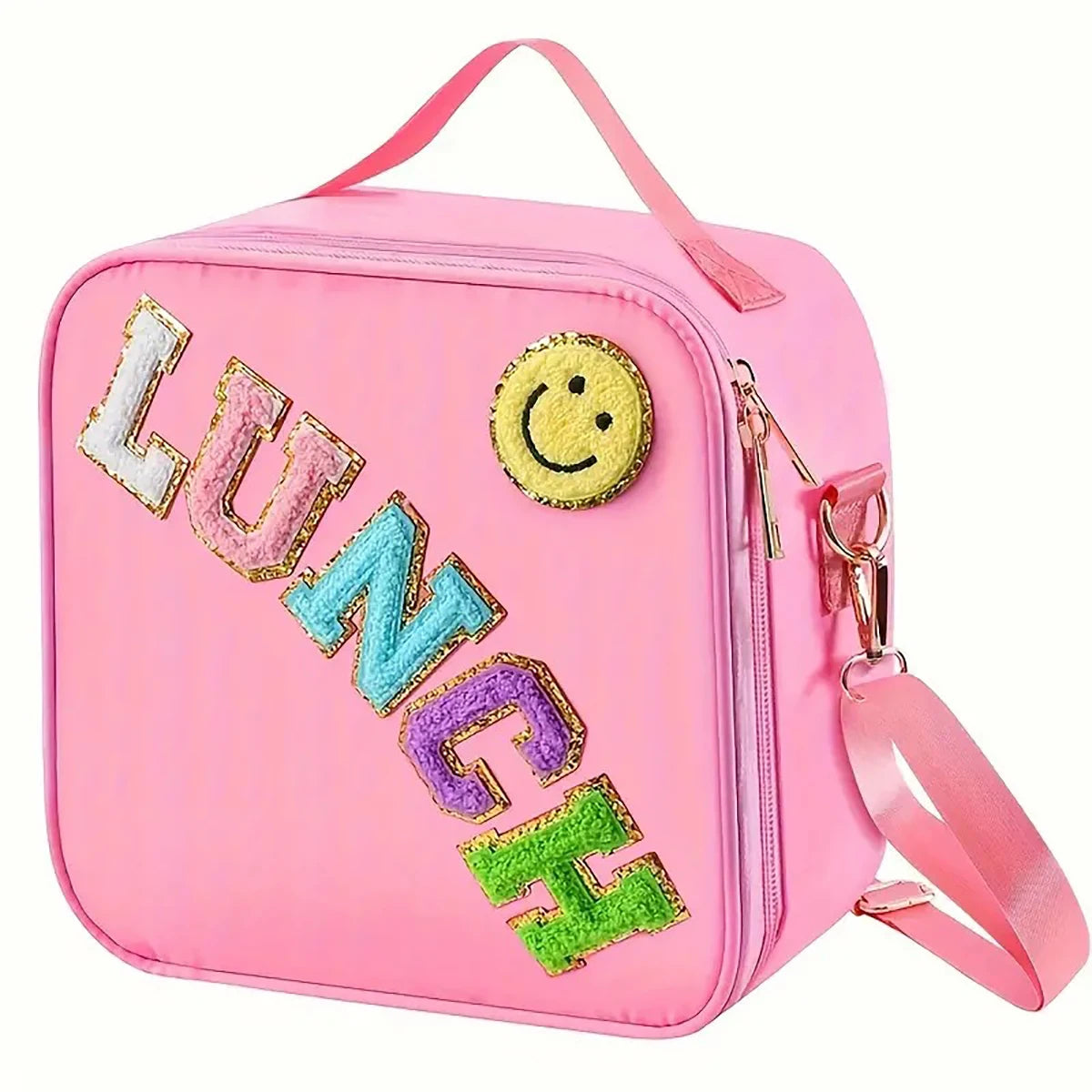 Pink insulated lunch bag featuring a smiley face design and decorative lettering on the front.
