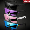 A stack of four square sport sunglasses in various colors including purple, pink, black, and blue.
