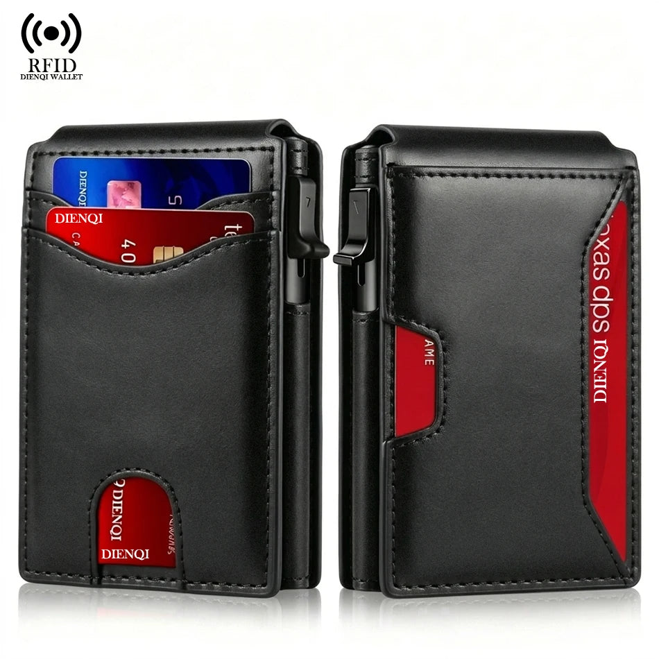 Black leather DIENQI wallet with RFID protection features shown in a side view.