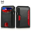 Black leather DIENQI wallet with RFID protection features shown in a side view.