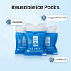 Blue reusable ice packs with white inserts shown next to text highlighting long lasting cold and leak proof features