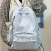 A light blue polka dot nylon travel backpack with a white lace trim and a laptop compartment worn by a person.