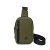 Olive green nylon sling crossbody bag with a black strap and attached to a black strap.