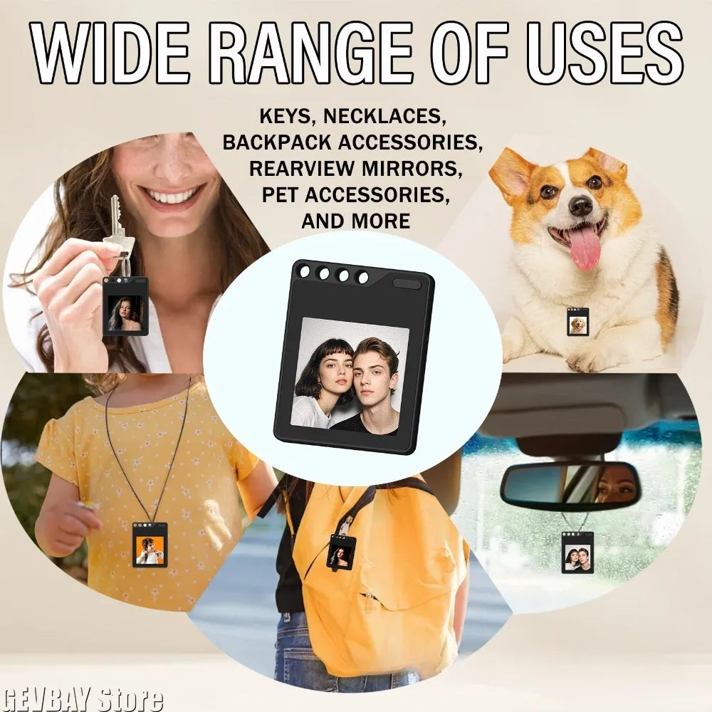 A variety of photo transfer keychains and tags are shown, including those attached to keys, necklaces, backpacks, and mirrors