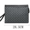 A dark gray luxury PU handbag for men's business and casual use shown flat with dimensions.