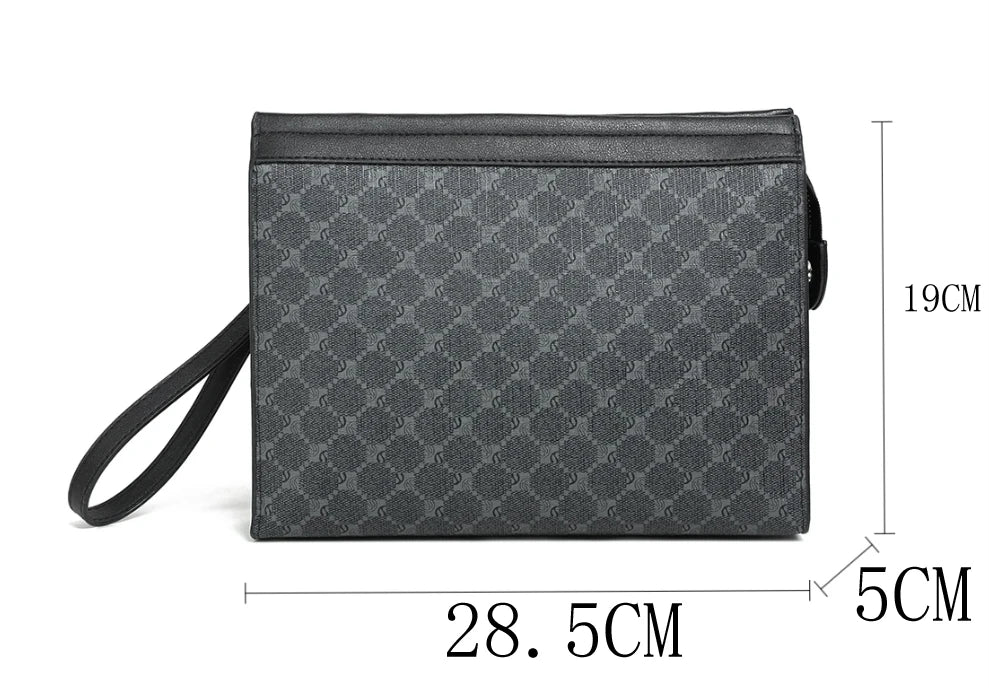 A dark gray luxury PU handbag for men's business and casual use shown flat with dimensions.