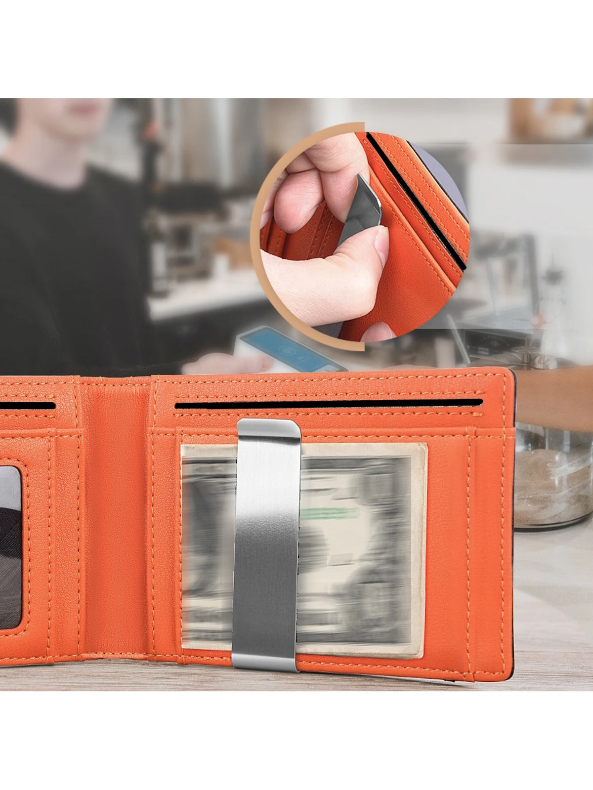 An orange leather wallet is shown open, displaying a credit card and a hand holding a card over the wallet.