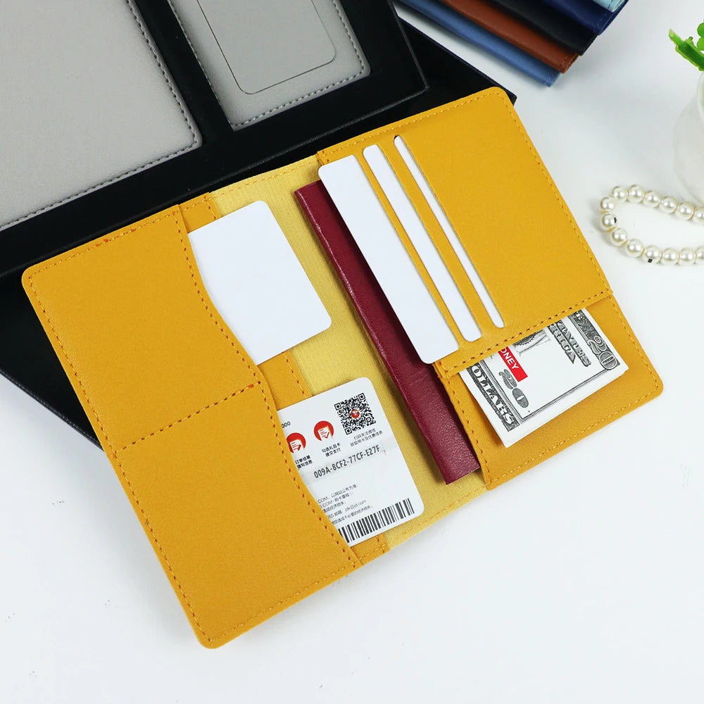 A yellow PU leather passport holder with a dark red accent and white pen slots is displayed on a black case.