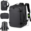 A black expandable travel backpack shown with separate components, including a laptop sleeve and a padded back panel.