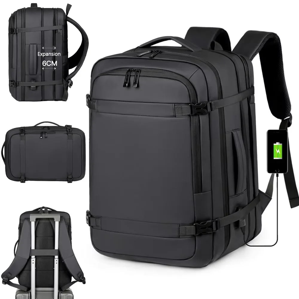 A black expandable travel backpack shown with separate components, including a laptop sleeve and a padded back panel.
