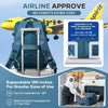 A teal expandable travel backpack shown next to an airplane, highlighting its airline approval and ease of use.